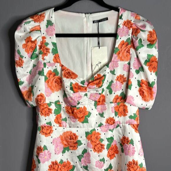 Zara Pink and Orange Floral Puff Sleeve Dress Sweetheart Neckline Size Large - Picture 2 of 8